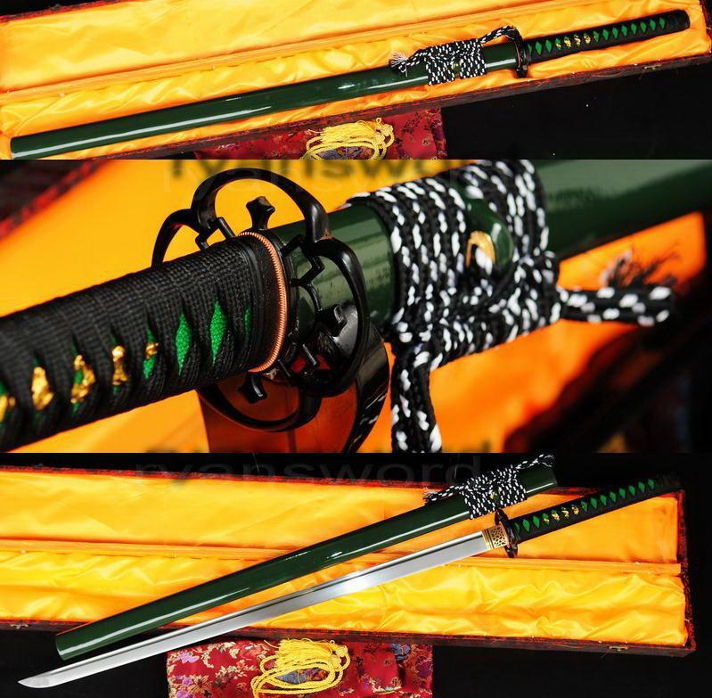 Hand Forged Folded Steel Green Saya Japanese Samurai Ninja Sword