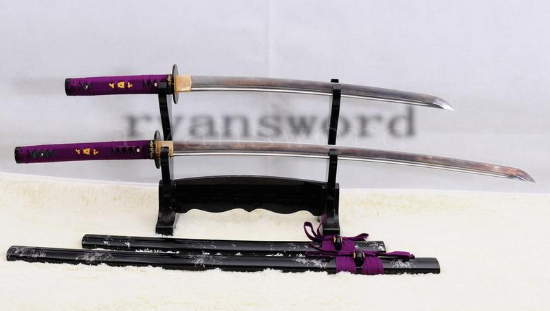 Handmade Folded Steel Japanese Samurai Sword Set Katana Wakizashi