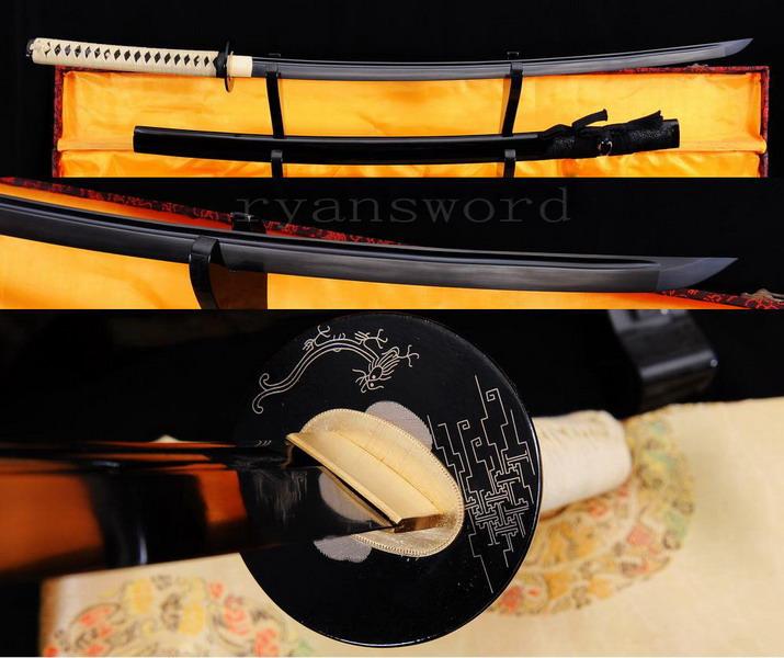 Handmade Black Damascus Folded Steel Japanese Maru Samurai Sword Katana